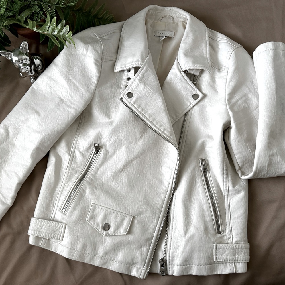 Topshop White Faux Leather Moto Jacket size 12
